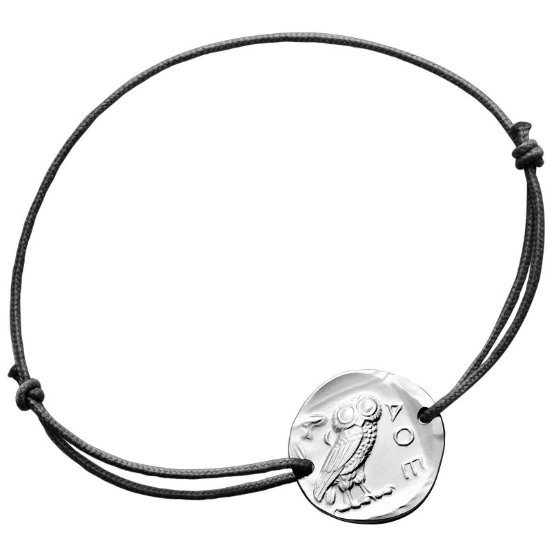 Bracelet cordon noir Chouette d'Athènes 18 mm (argent 950°) Monnaie de Paris