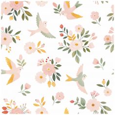 Papier peint Alysse fleurs et oiseaux blanc (50 cm x 10m)  - Lilipinso