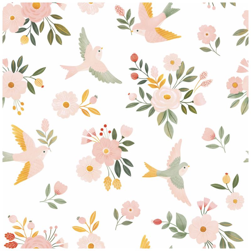 Papier peint Alysse fleurs et oiseaux blanc (50 cm x 10m)  Lilipinso