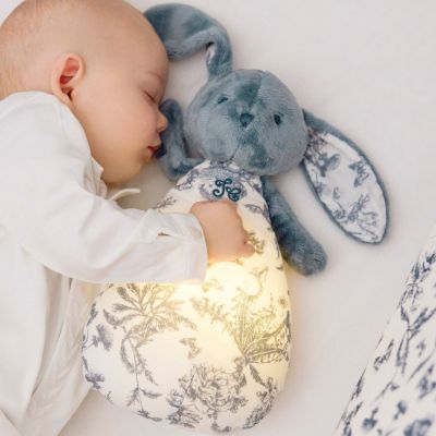 Peluche bruit blanc lapin Toile de Jouy bleu