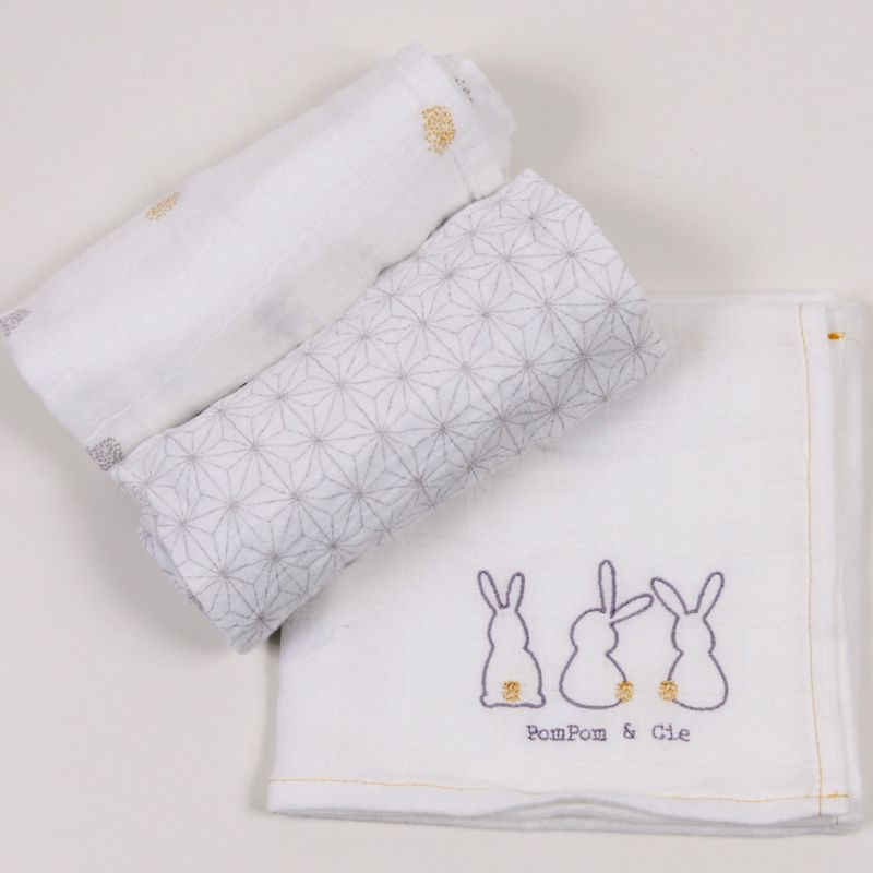 Lot de 3 langes Pompom le lapin (60 x 60 cm) Little Crevette