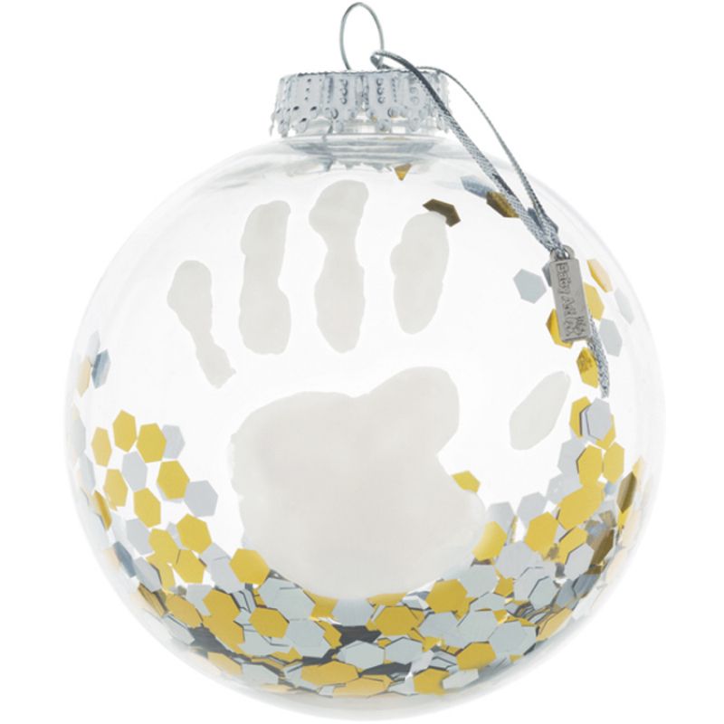 Boule de Noël transparente avec kit empreinte confettis argent et doré Baby Art