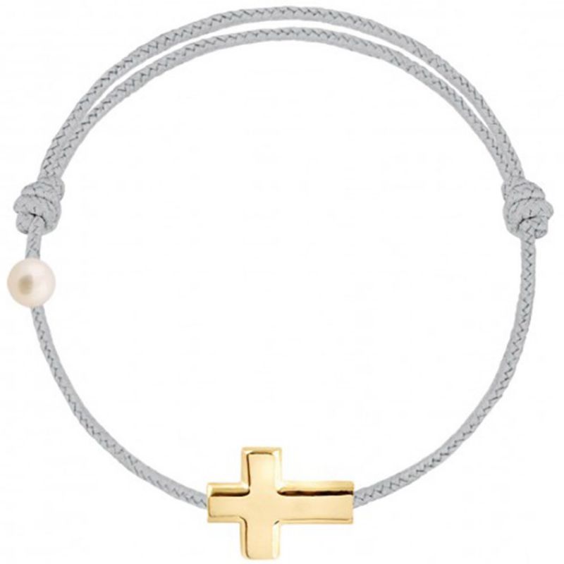 Bracelet cordon Croix et perle gris (or jaune 750°) Claverin