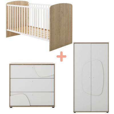 Trio Lit 70x140 cm et Commode 3 tiroirs + Armoire 2 portes Châtaignier naturel Basile Galipette
