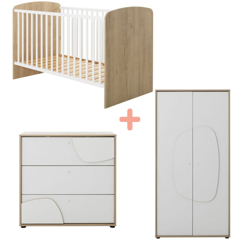 Trio Lit 70x140 cm et Commode 3 tiroirs + Armoire 2 portes Châtaignier naturel Basile Galipette Produit 1
