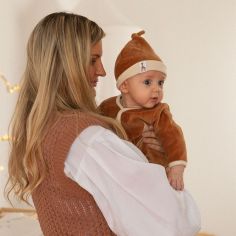 Bonnet de naissance en velours camel Sophie la girafe (1-3 mois)