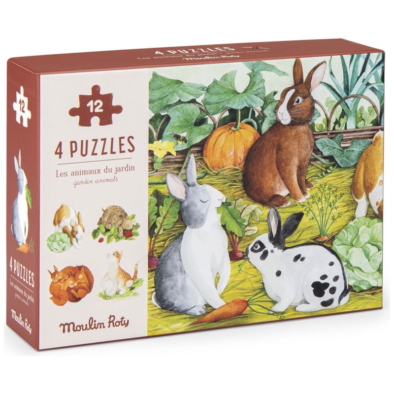 4 mini puzzles des animaux (4x12 pièces) Le Jardinier Le Jardin du Moulin Moulin Roty Packaging 1