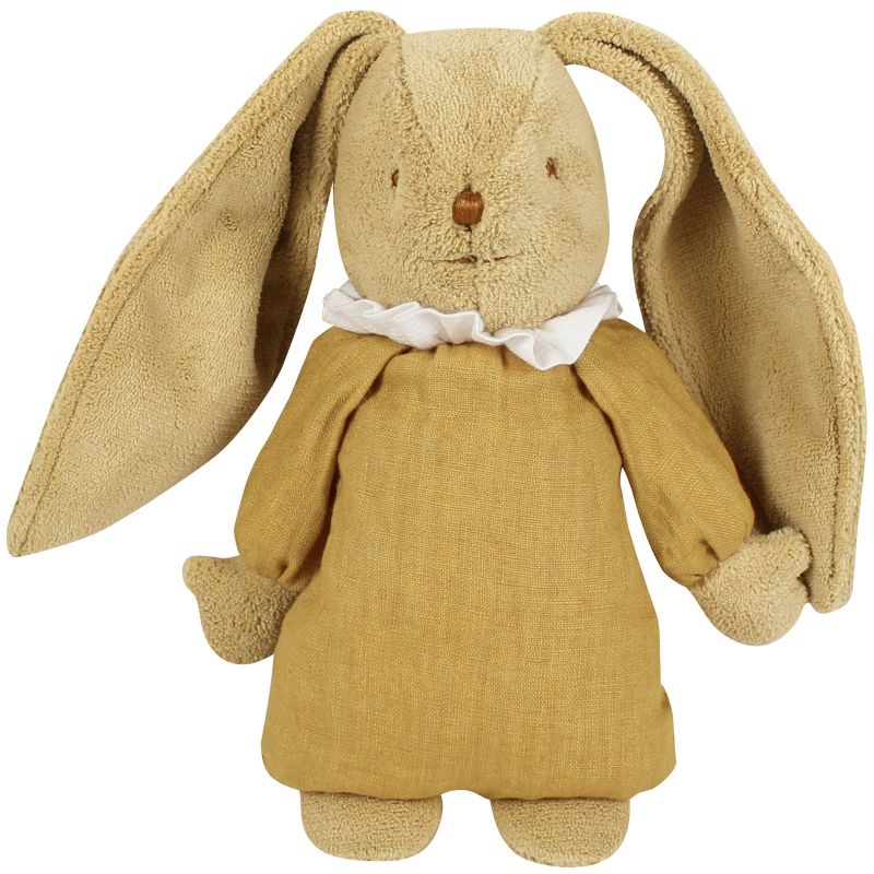 Peluche musicale lapin nid d'ange en lin jaune curry et pochette de rangement en coton (28 cm) Trousselier