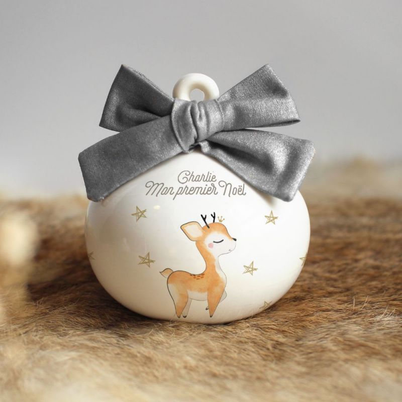 Boule de Noël en porcelaine Renne nœud argenté (personnalisable) Gaëlle Duval