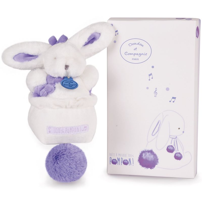 Coffret peluche musicale Lapin pompon lavande (21 cm) Doudou et Compagnie