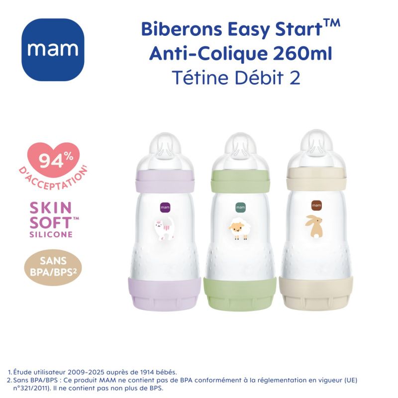 3 biberons Easy Start 260ml Lilas+Lilas+Sable Tétine débit 2 MAM Produit 8