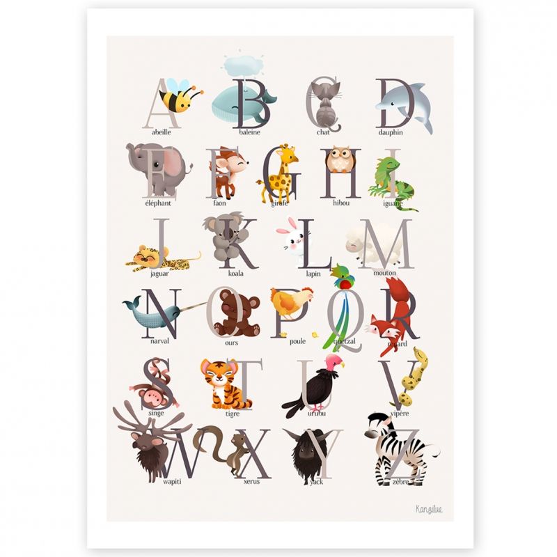 Carte A5 abécédaire animalier grise Kanzilue
