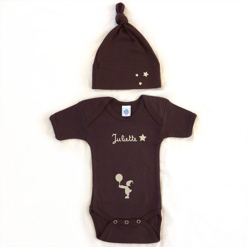 Ensemble bonnet + body chocolat à manches courtes personnalisable (6-12 mois) Les Griottes
