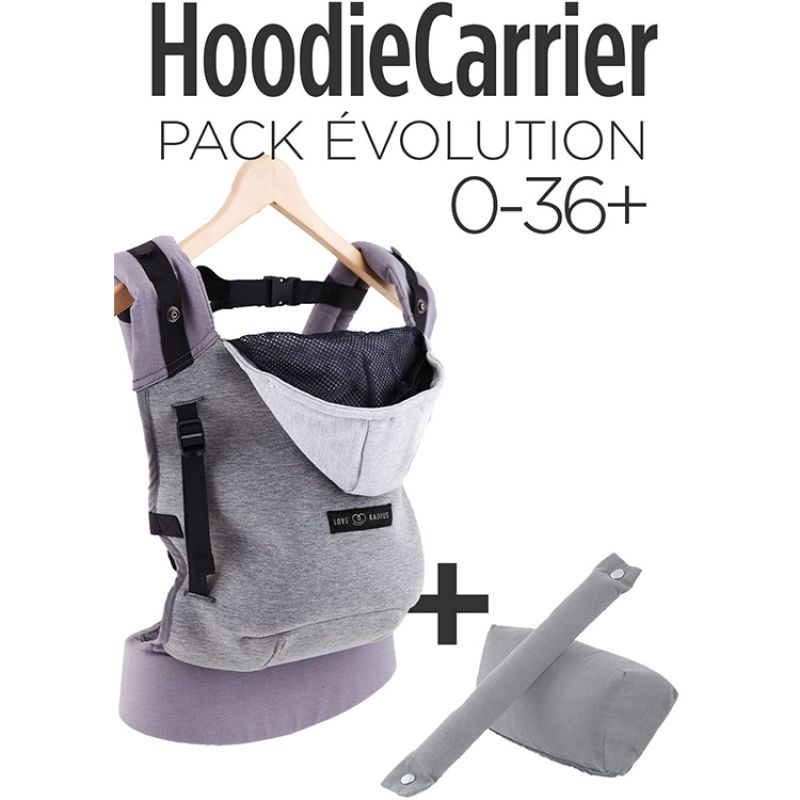 Porte bébé HoodieCarrier flanelle + booster réhausseur et cale-tête Love Radius