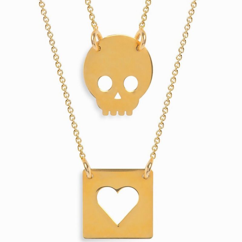 Double collier chaîne 60 cm pendentif Twin coeur et tête de mort (vermeil doré) Coquine