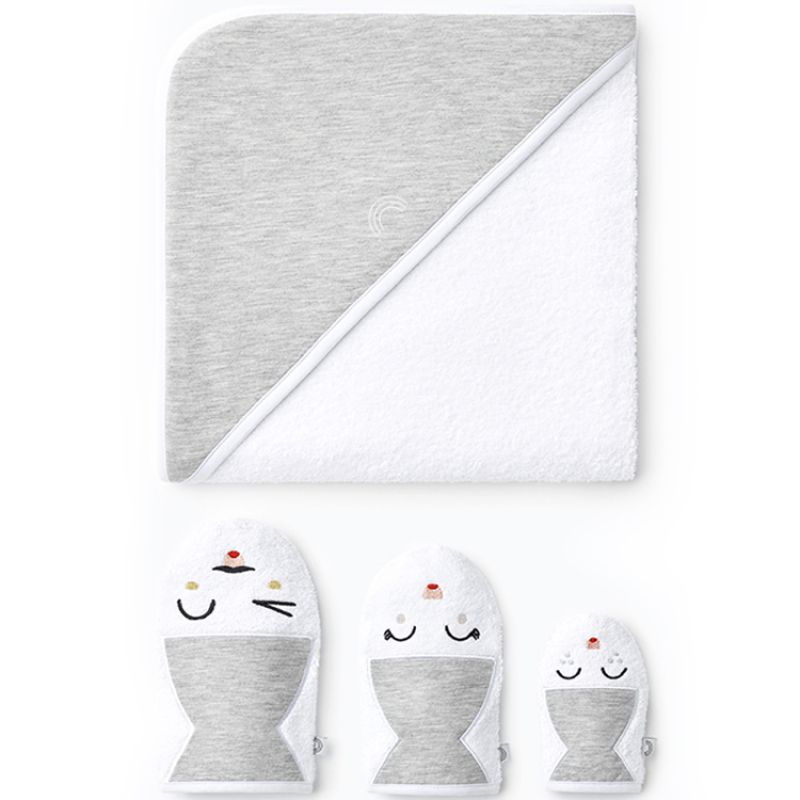 Cape de bain + 3 gants de toilette gris (90 x 90 cm) Les petites billes