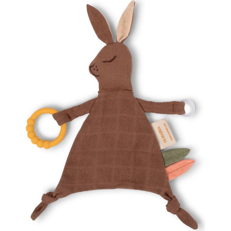Doudou en coton bio avec anneau dentition Bella le lapin Filibabba
