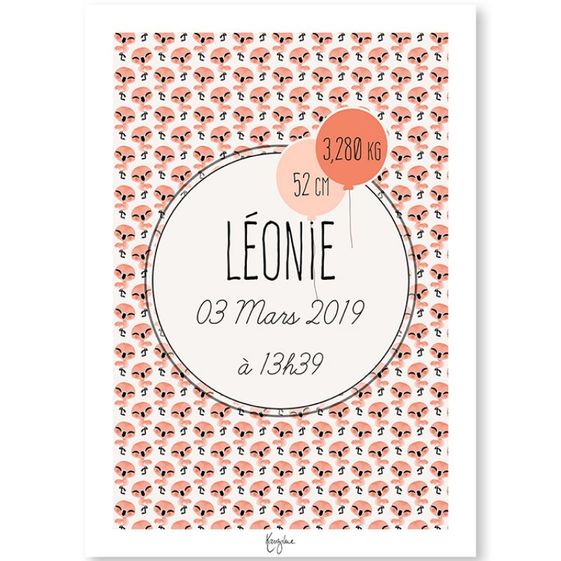 Affiche de naissance A3 Les Animignons Flamant rose (personnalisable) Kanzilue
