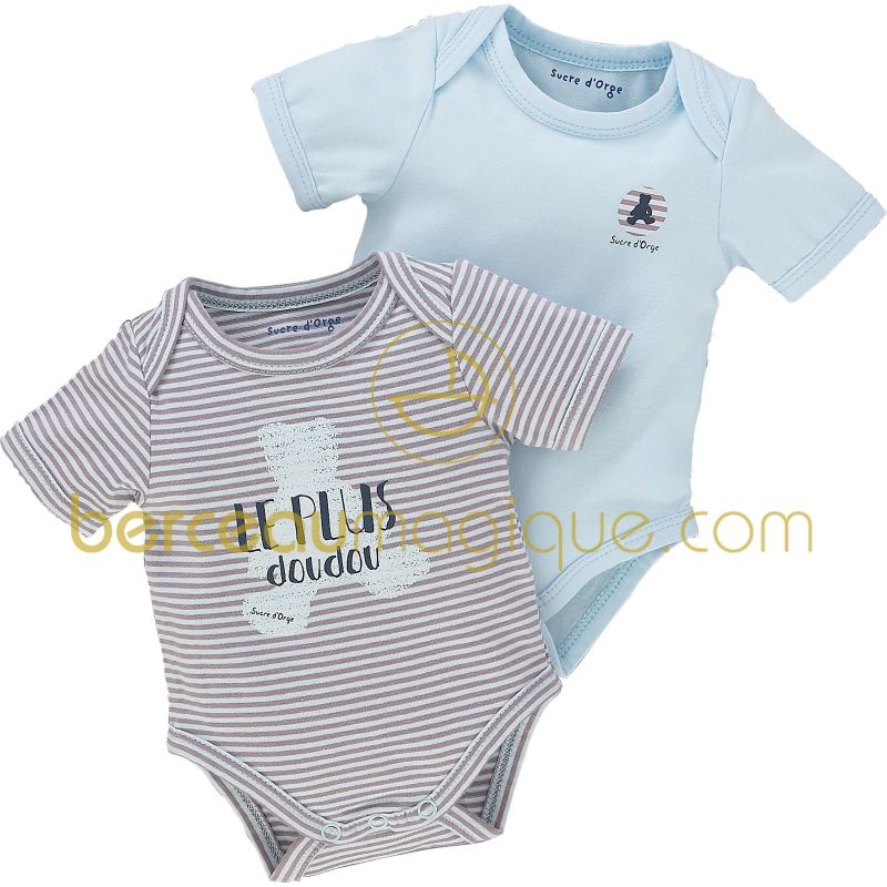 Lot de 2 bodys ''Le plus doudou'' Aquarelle bleue (naissance au 6 mois) Sucre d'orge