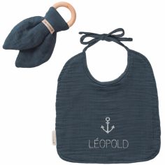 Set de naissance Bavoir et anneau de dentition Bleu pétrole (personnalisable) - Les Griottes