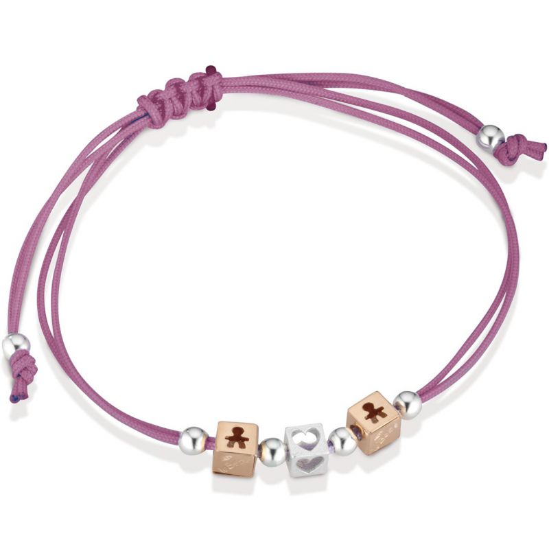 Bracelet cordon magenta 2 cubes garçon 1 cube coeur (or rose 375° et argent 925°) leBebé
