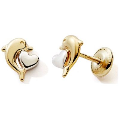 Boucles d'oreilles à vis Dauphin-Cœur (or jaune 375°)