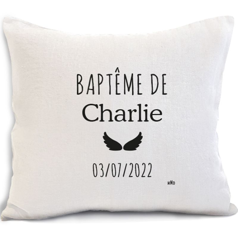 Coussin de baptême en lin blanc (personnalisable) Mes Mots Déco