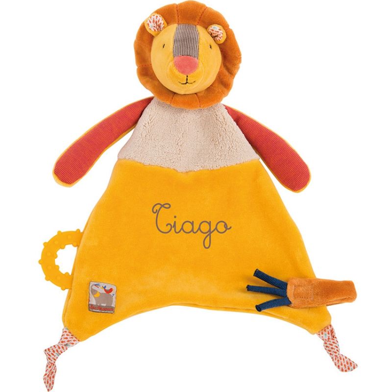 Doudou attache sucette lion Les Papoum personnalisable (24 cm) Moulin Roty