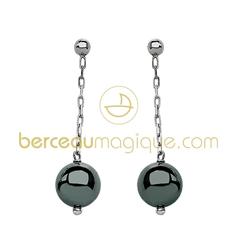 Boucles d'oreilles pendantes perles d'Hématite (or blanc 750°)  Berceau magique bijoux