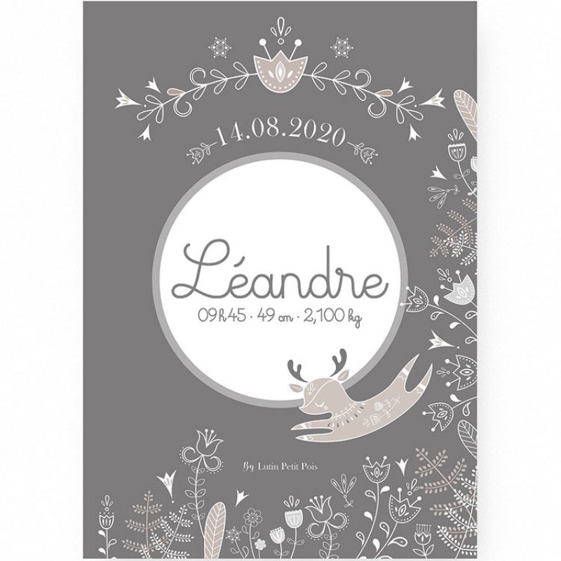 Affiche de naissance A3 Petit renne gris (personnalisable) Lutin Petit Pois