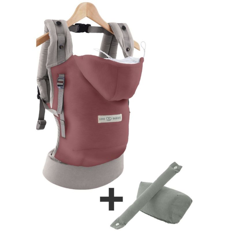 Porte bébé HoodieCarrier bois de rose + booster réhausseur et cale-tête Love Radius