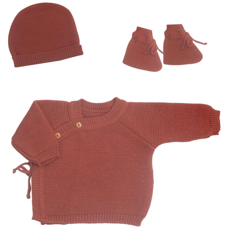 Lot brassière, bonnet et chaussons Terracotta (0-1 mois) Trois Kilos Sept Produit 1