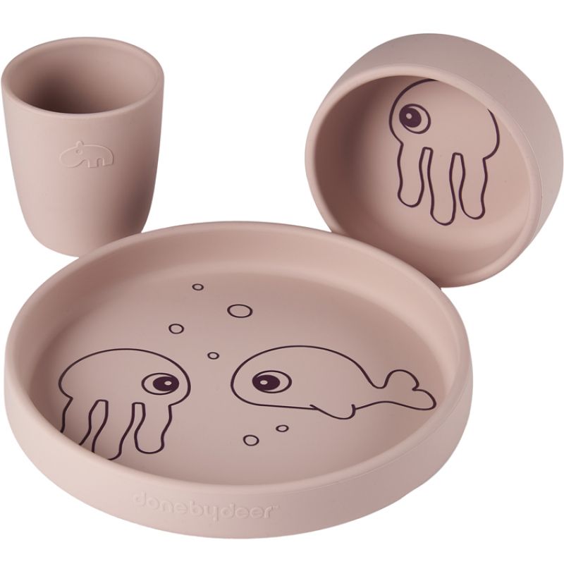 Coffret repas en silicone Sea Friends rose (3 pièces) Done by Deer