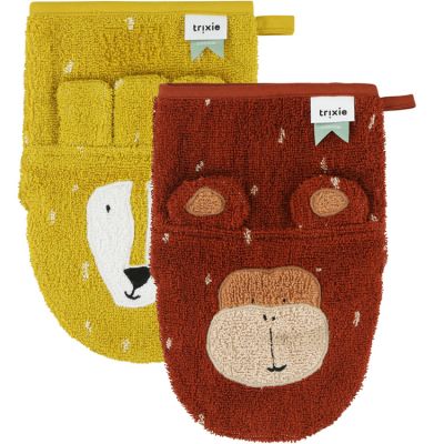 Lot de 2 gants de toilette Mr Lion et Mr Monkey  par Trixie