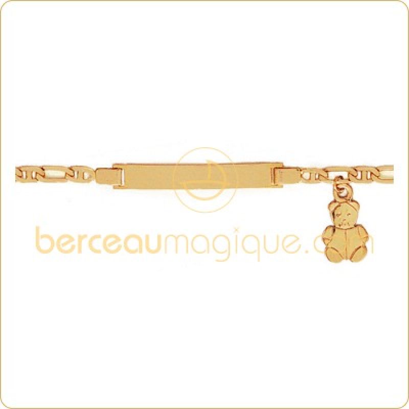 Gourmette bébé plaque rectangulaire et breloque ours (or jaune 750°) Berceau magique bijoux
