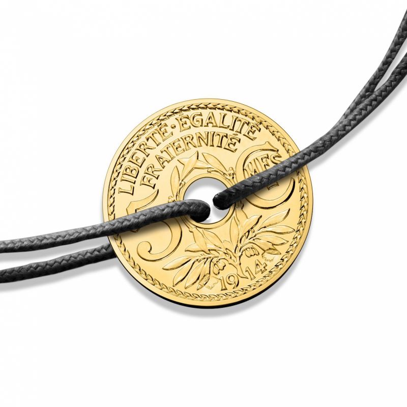 Bracelet cordon noir médaille 5 centimes 16 mm recto verso (or jaune 750°) Monnaie de Paris
