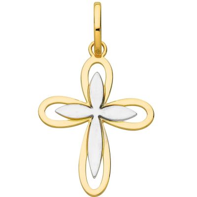 Pendentif double Croix ajourée bicolore 17 mm (or jaune 750°) Berceau magique bijoux