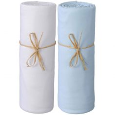 Lot de 2 draps housses en coton bio blanc et bleu (60 x 120 cm)