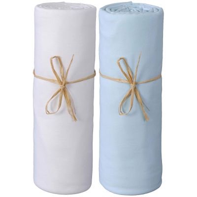 Lot de 2 draps housses en coton bio blanc et bleu (60 x 120 cm) P'tit Basile