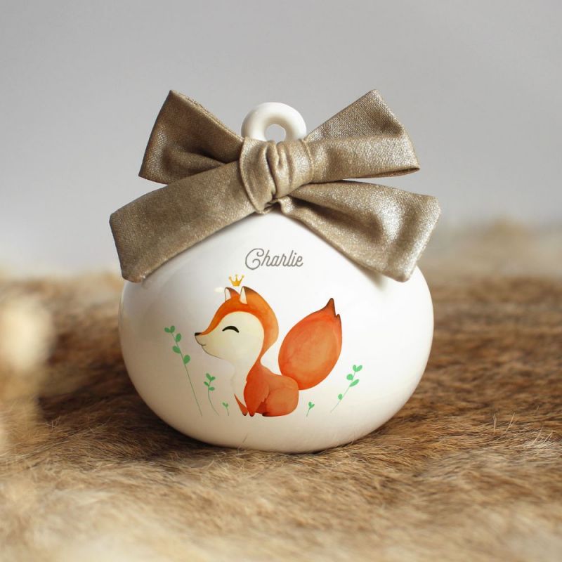 Boule de Noël en porcelaine Renard nœud doré (personnalisable) Gaëlle Duval