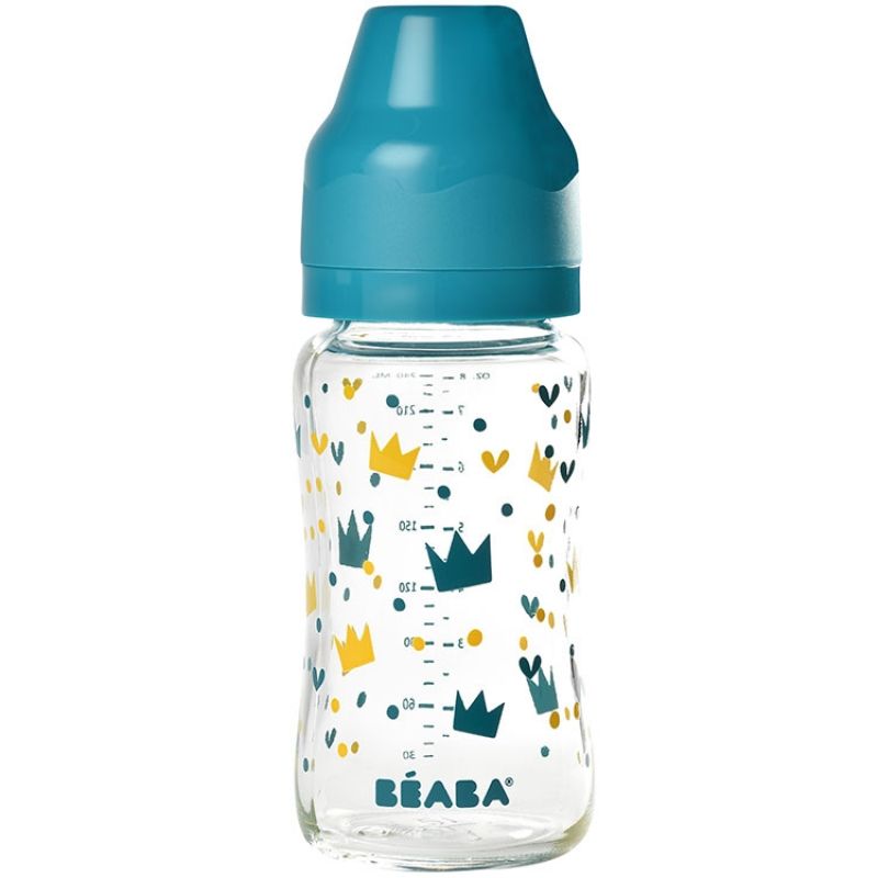 Biberon en verre col large couronne bleu (240 ml) Béaba