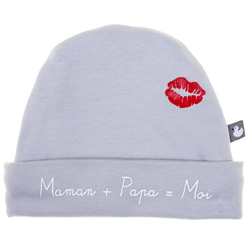 Bonnet de naissance Maman + Papa = Moi gris clair BB & Co