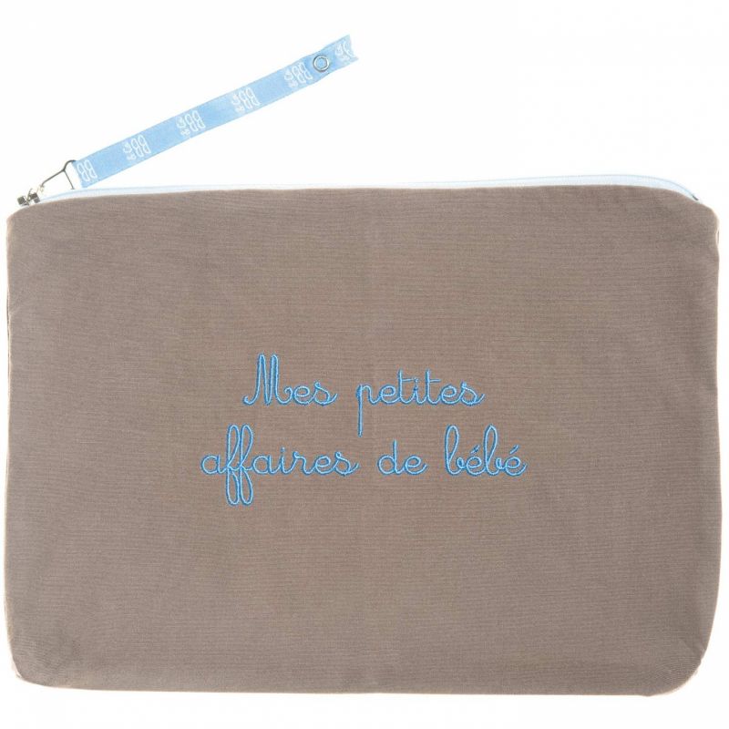 Pochette brodée Mes petites affaires de bébé taupe- bleu BB & Co