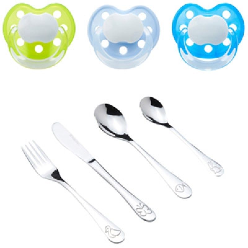 Coffret couverts + sucettes garçon physiologiques personnalisables Baby Tute
