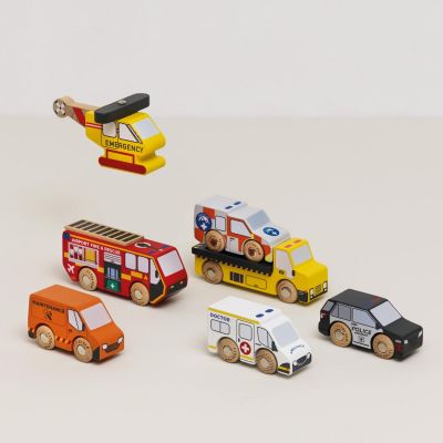 Set de 7 véhicules et hélicoptère de sauvetage en bois FSC