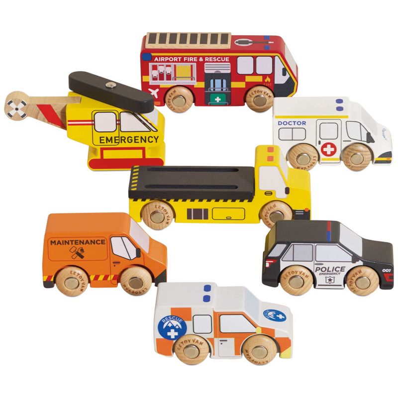 Set de 7 véhicules et hélicoptère de sauvetage en bois FSC Le Toy Van Produit 1