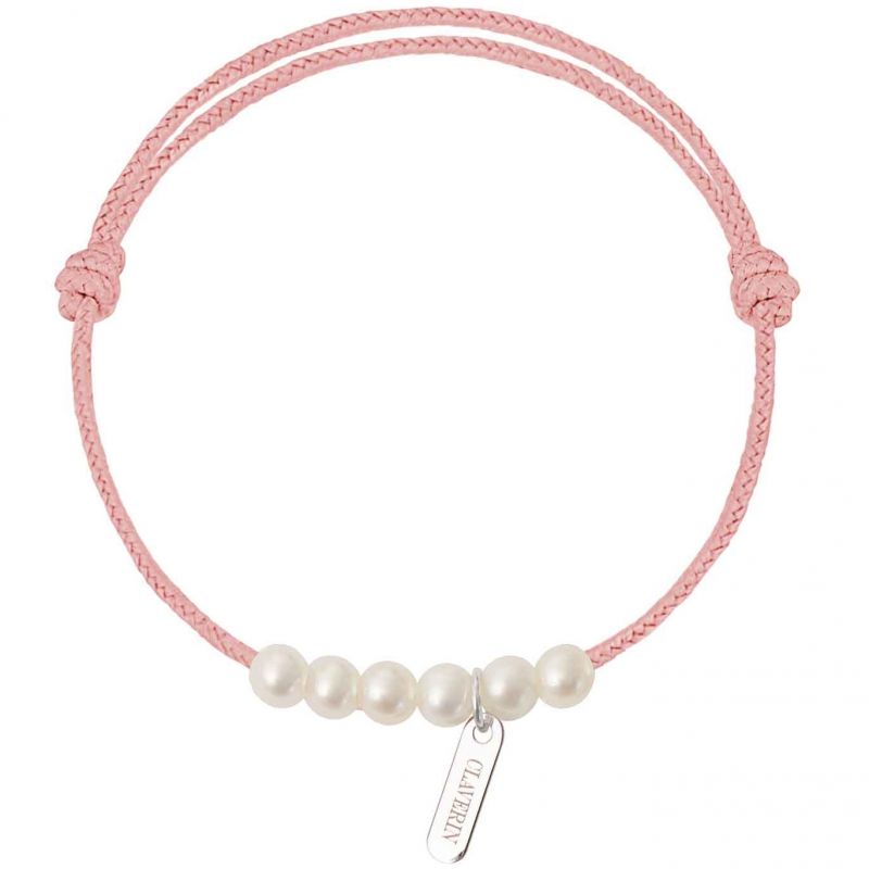 Bracelet bébé Baby little treasures cordon rose poudré 6 perles blanches 3 mm (or blanc 750°) Claverin