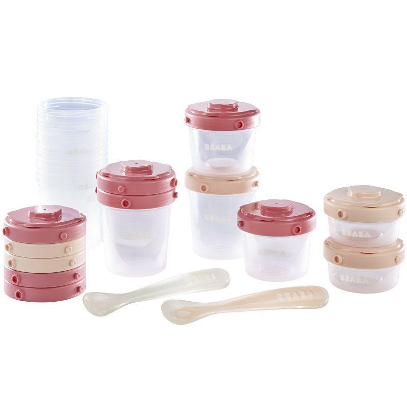 Pack 1er repas avec pots de conservation et cuillères rose (14 pièces) Béaba