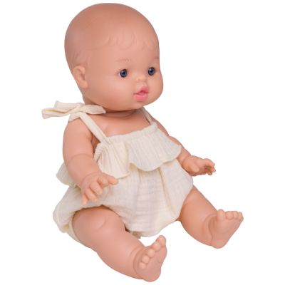 Barboteuse bretelles à volants pour poupée en gaze de coton écru BB & Co