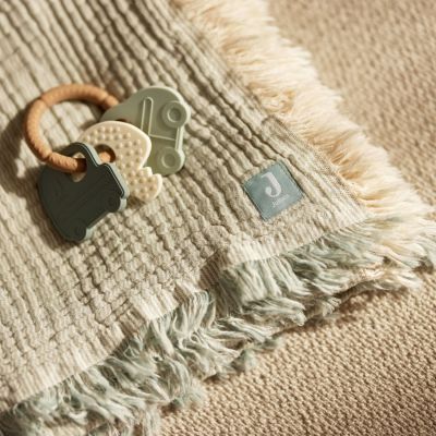 Couverture en gaze de coton Fringe Stripe Sea Green (120 x 120 cm)